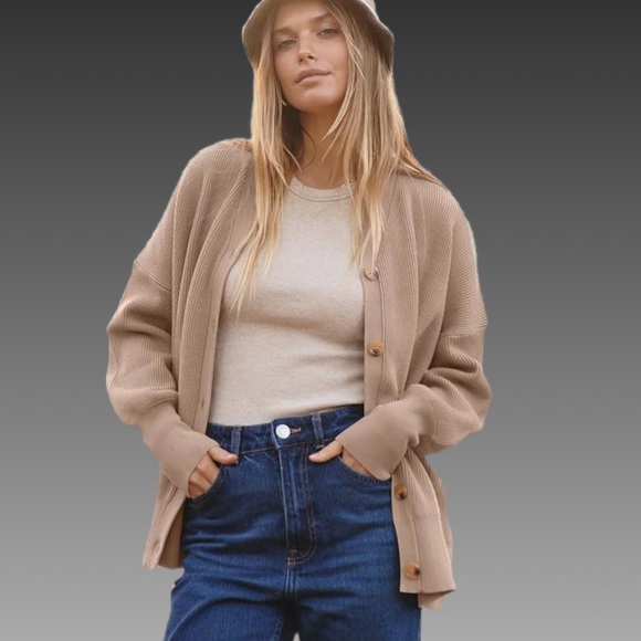 NWT ANRABESS Pink Khaki Oversized Button Up Cardigan Sweater Size Small - Picture 3 of 7